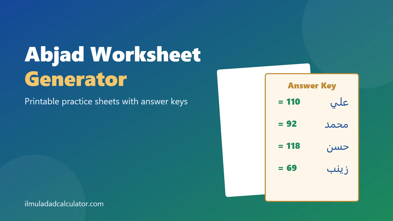 A practice worksheet and its answer key with four Arabic names and their totals.
