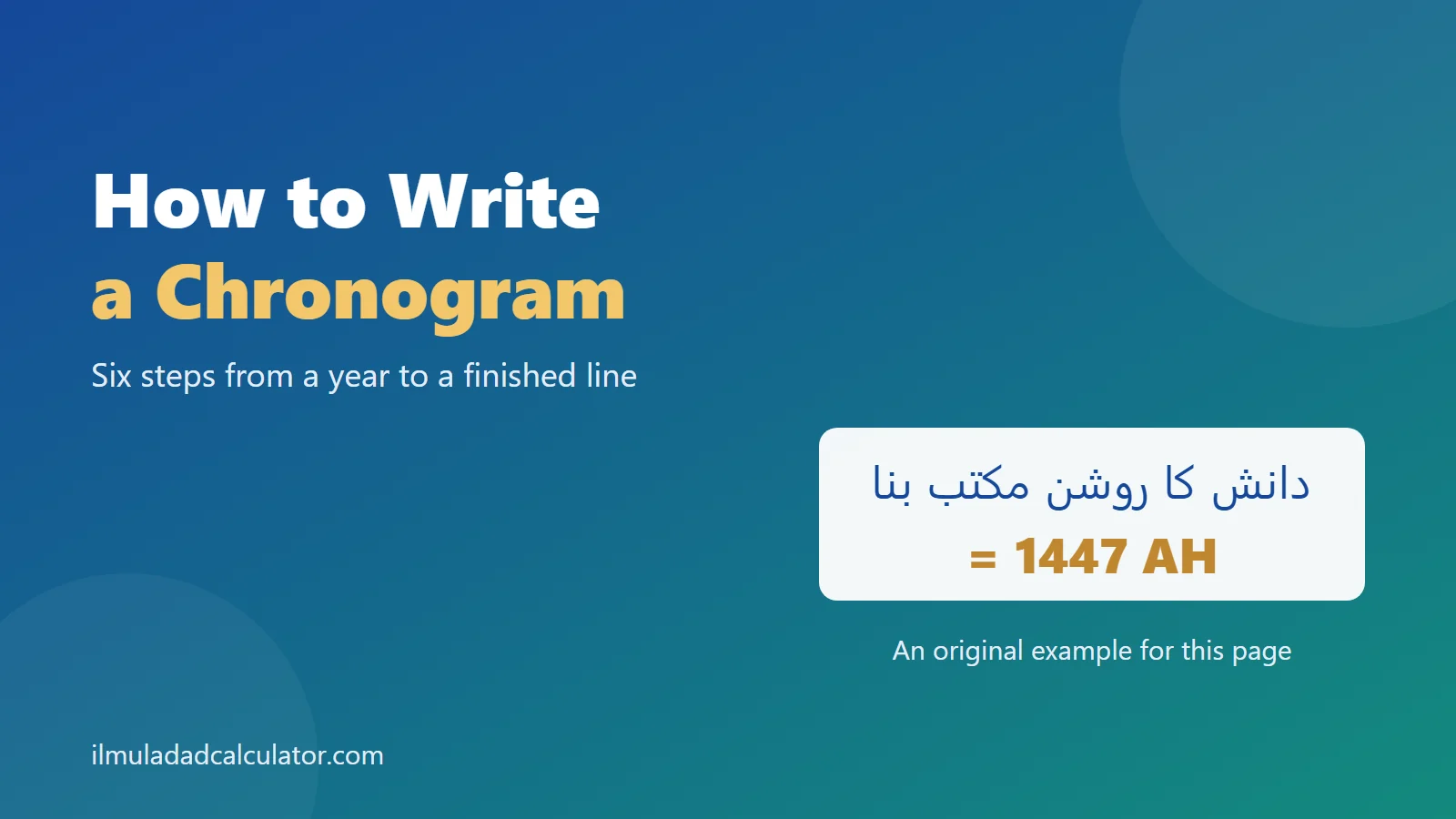 An original Urdu chronogram line adding up to 1447 AH beside the title How to Write a Chronogram.