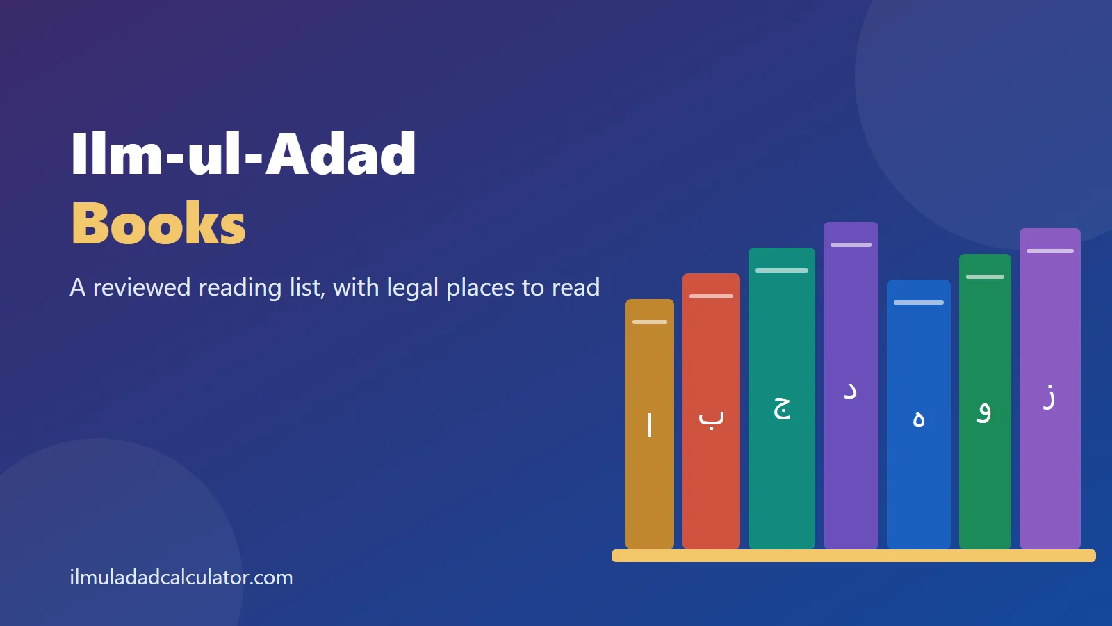 Colored book spines marked with the first abjad letters, beside the title Ilm-ul-Adad Books.