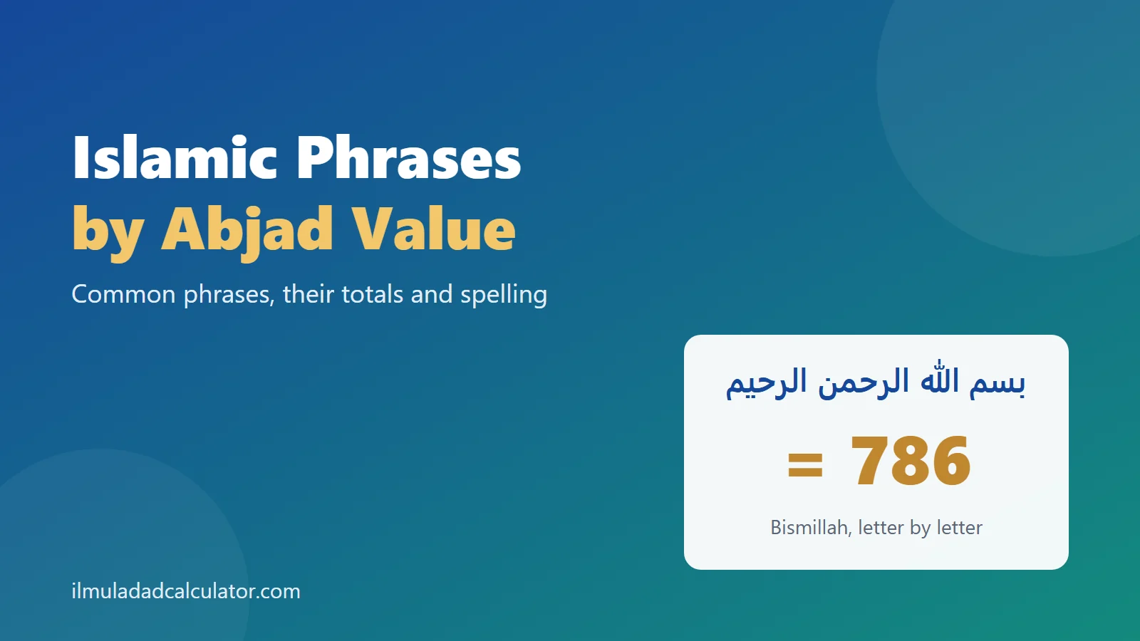 The Arabic Bismillah above the total 786 on a white card, beside the title Islamic Phrases by Abjad Value.