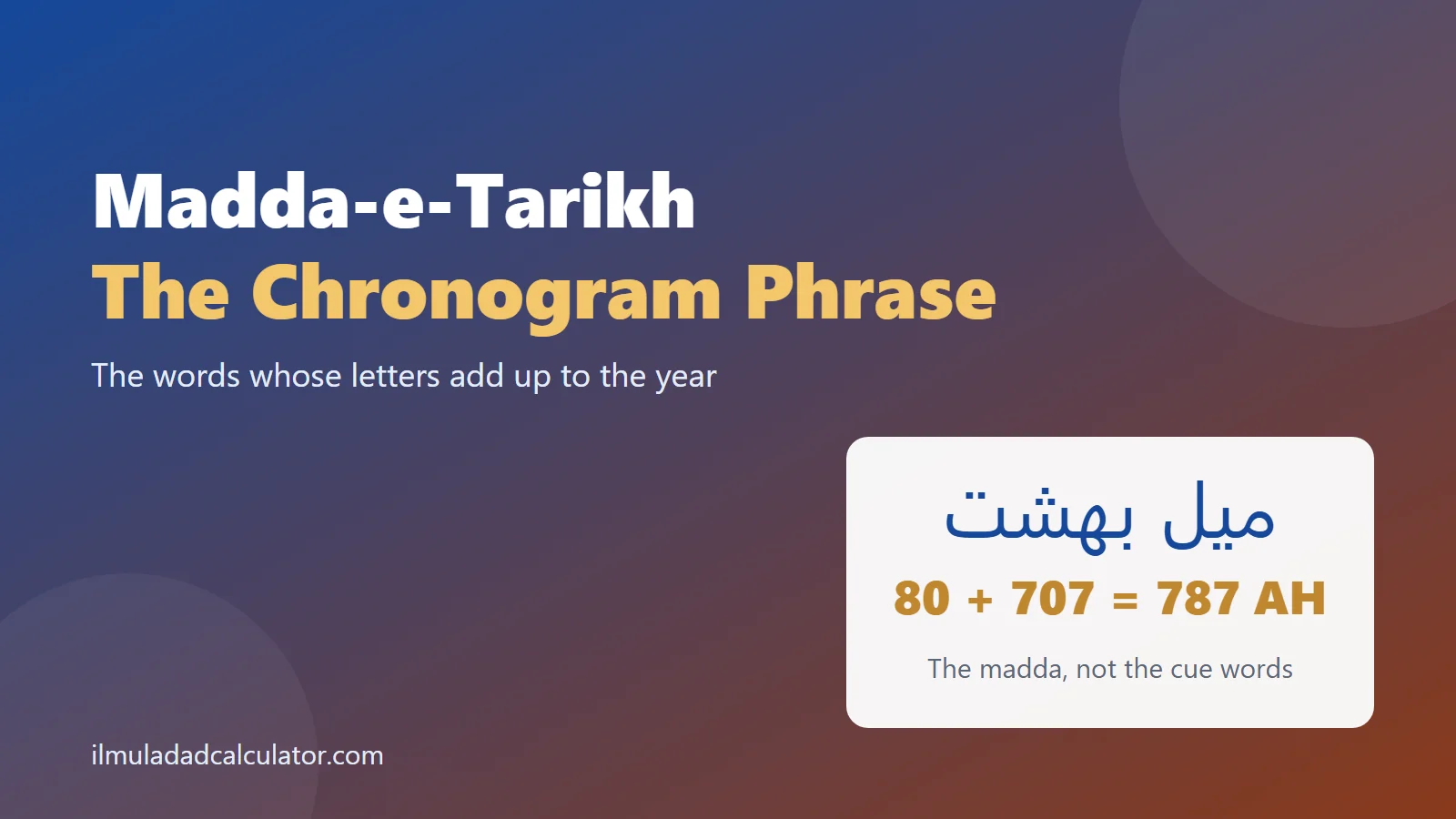 The Persian phrase Meyl-e Behesht, worth 787 AH, beside the title Madda-e-Tarikh: The Chronogram Phrase.