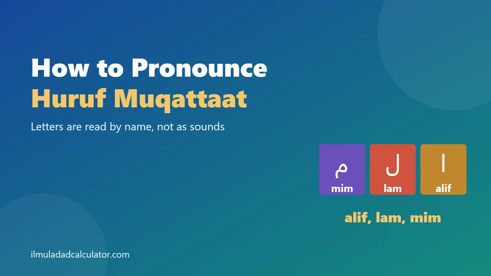 The letters Alif, Lam and Mim on colored tiles with their names beside the title How to Pronounce the Huruf Muqattaat.