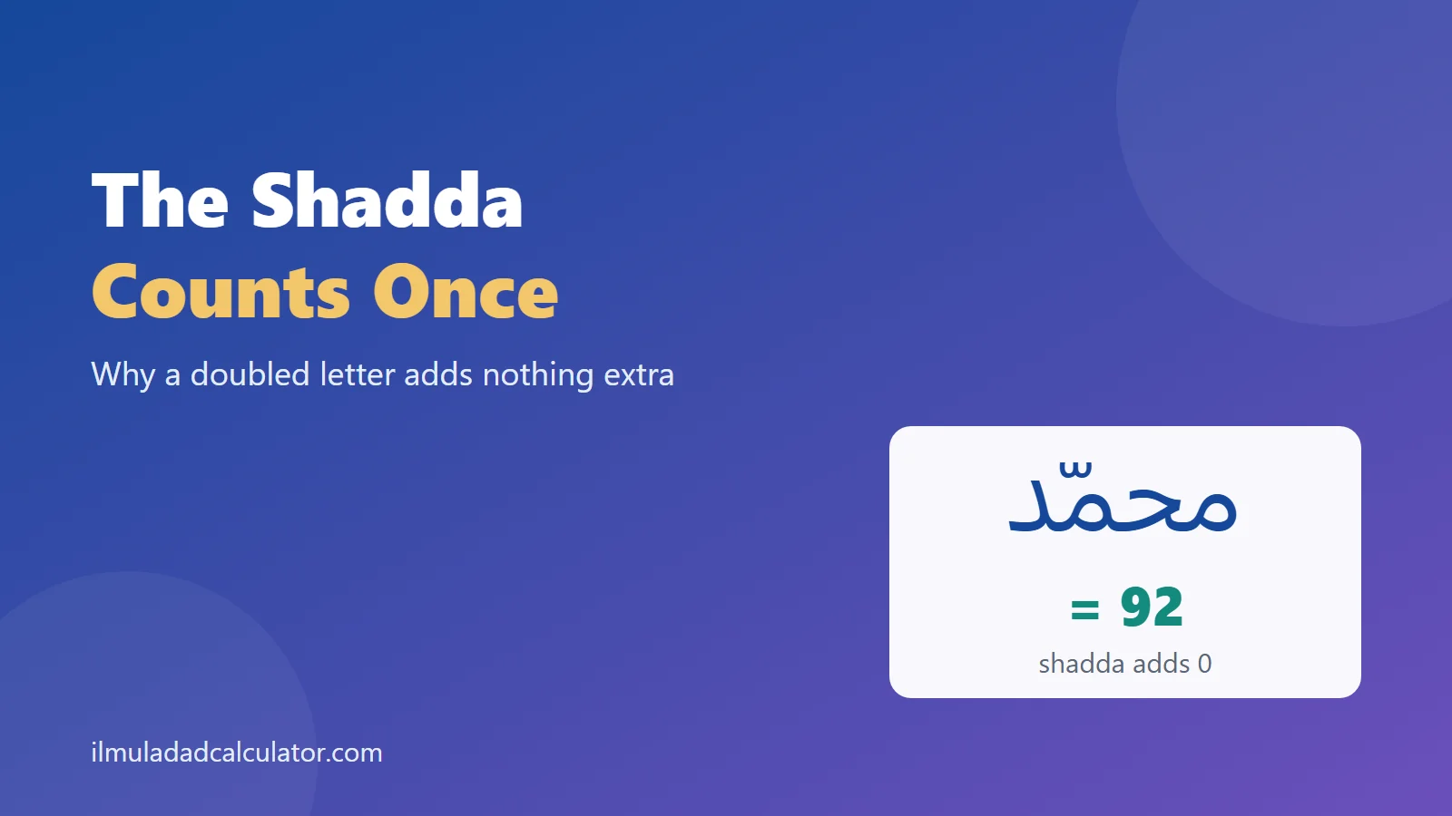 The name Muhammad written with a shadda on the second mim, totaling 92, beside the title The Shadda Counts Once.