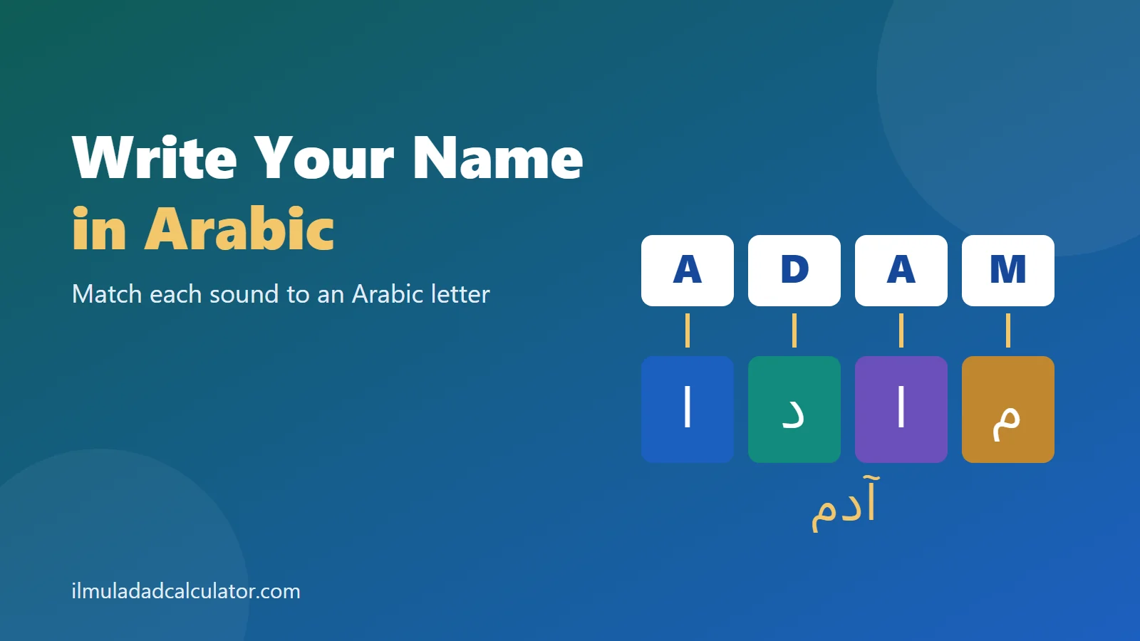 The English letters of Adam linked to the Arabic letters alif, dal, alif and mim, beside the title.