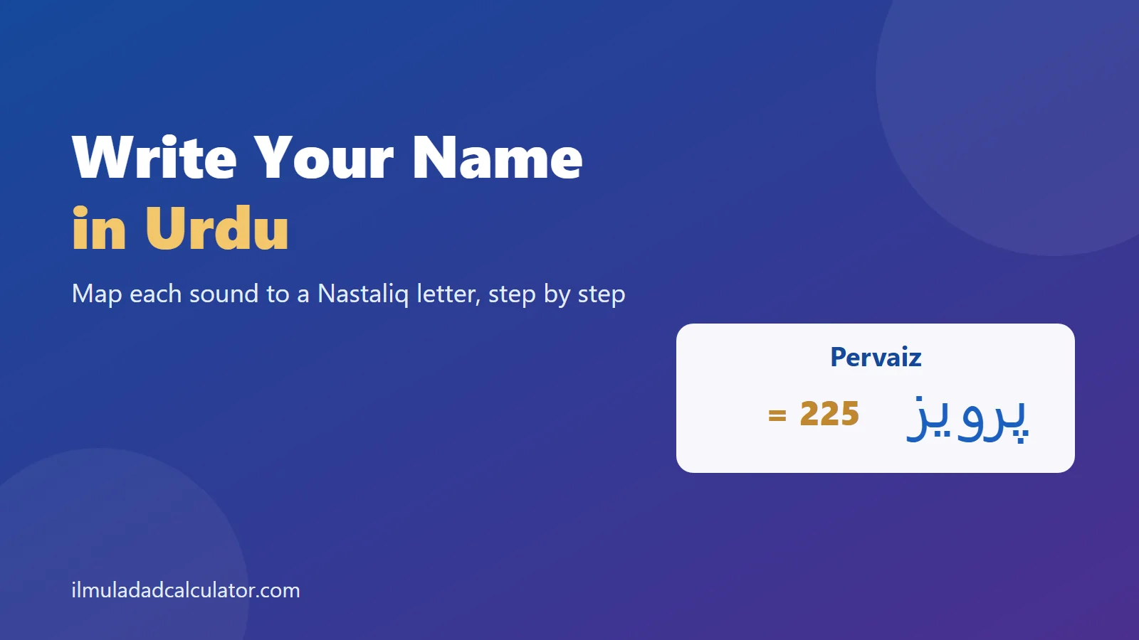 The name Pervaiz written in Urdu letters with its Abjad total 225, beside the title How to Write Your Name in Urdu.